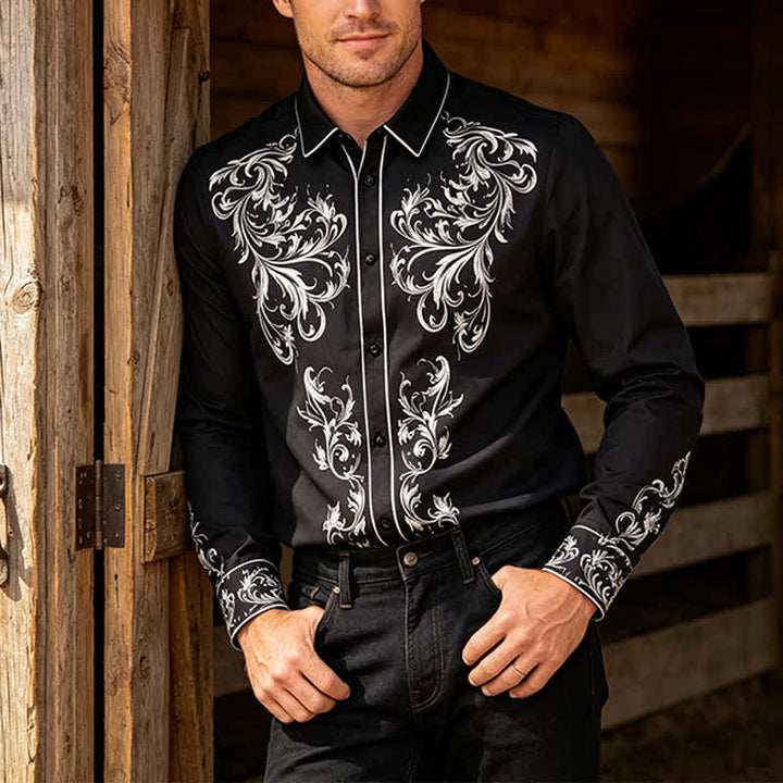 Herrenhemd im Western-Stil mit schwarzem und weißem Blumenmuster - Schwarz - 6XL - image 0