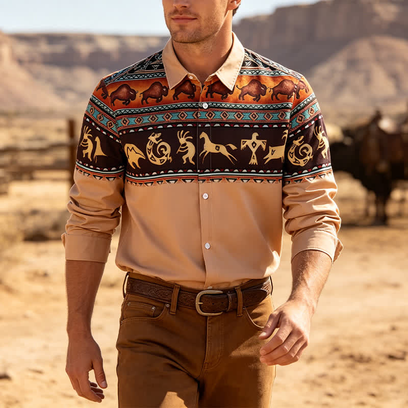 Herrenhemd mit Western-Indianer-Stammesmotiven, Bison- und Tiermotiven - Braun - 6XL - image 0