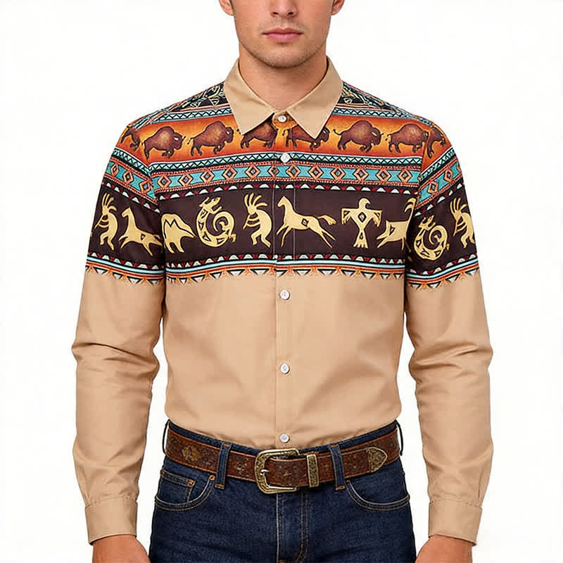Herrenhemd mit Western-Indianer-Stammesmotiven, Bison- und Tiermotiven - image 1