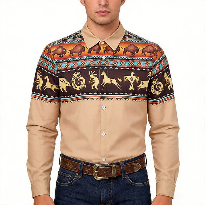 Herrenhemd mit Western-Indianer-Stammesmotiven, Bison- und Tiermotiven - image 1