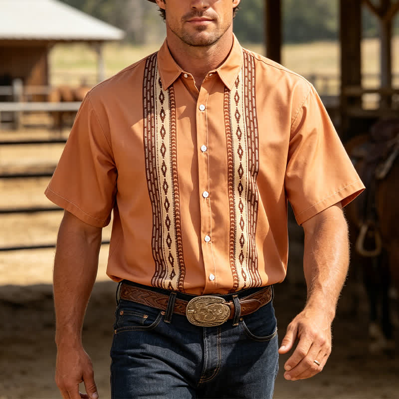 Herrenhemd im Western-Ethno-Stil mit aztekischem geometrischem Muster - Dunkelkhaki - 3XL - image 0
