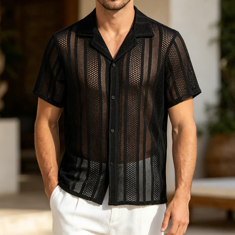 Atmungsaktives, gestreiftes Strickhemd für Herren mit kubanischem Kragen und Lochmuster - Schwarz - 2XL - image 4