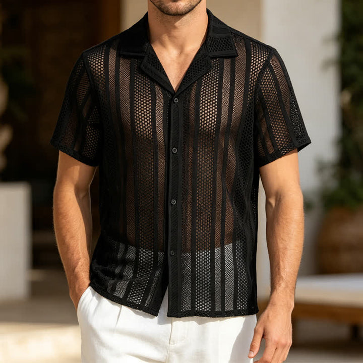 Atmungsaktives, gestreiftes Strickhemd für Herren mit kubanischem Kragen und Lochmuster - Schwarz - 2XL - image 4
