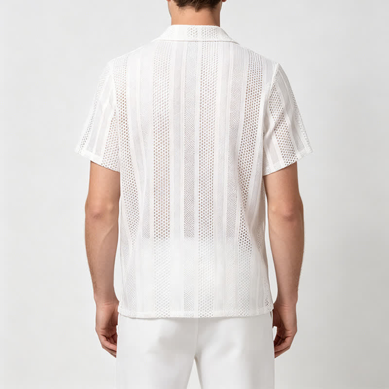 Atmungsaktives, gestreiftes Strickhemd für Herren mit kubanischem Kragen und Lochmuster - image 2