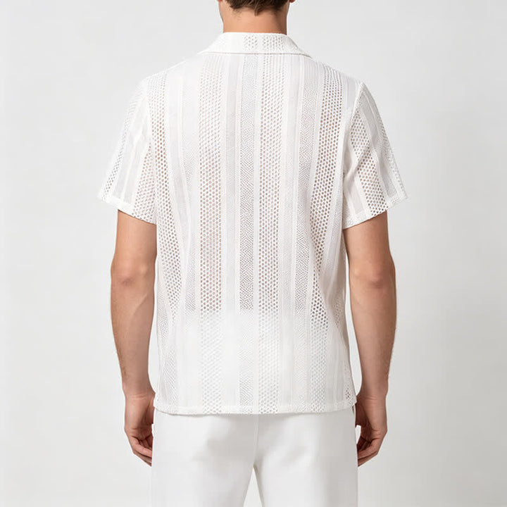 Atmungsaktives, gestreiftes Strickhemd für Herren mit kubanischem Kragen und Lochmuster - image 2