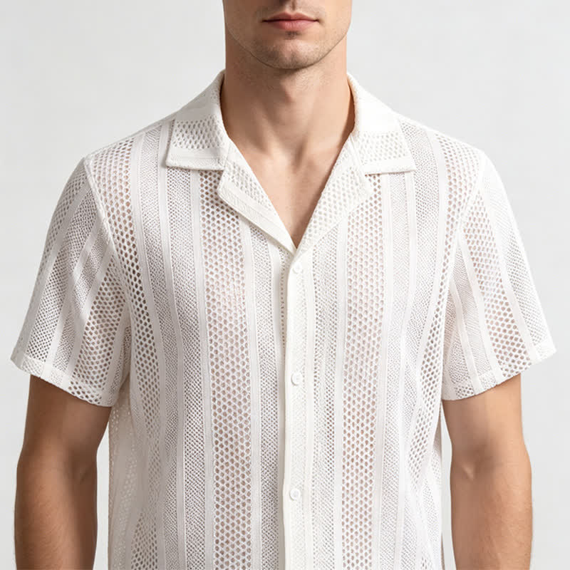 Atmungsaktives, gestreiftes Strickhemd für Herren mit kubanischem Kragen und Lochmuster - image 3