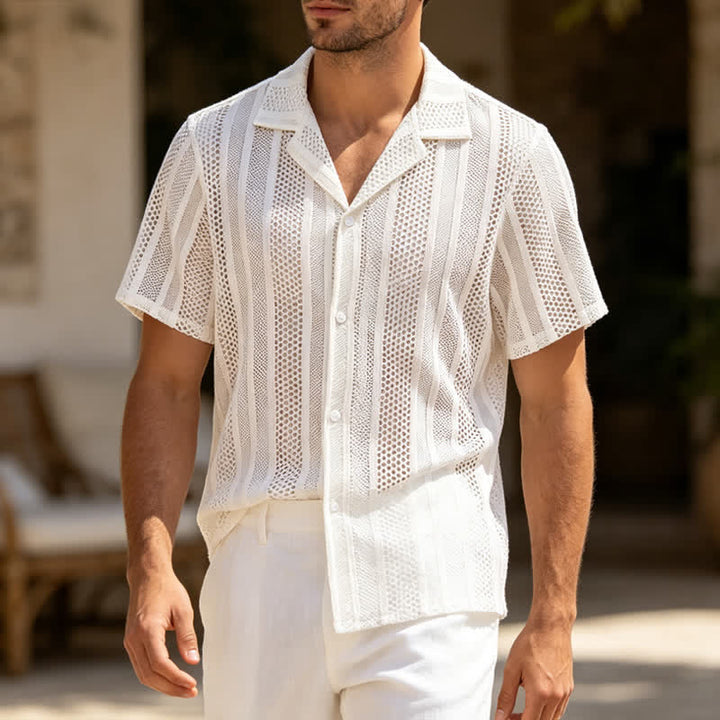 Atmungsaktives, gestreiftes Strickhemd für Herren mit kubanischem Kragen und Lochmuster - Weiß - 2XL - image 0