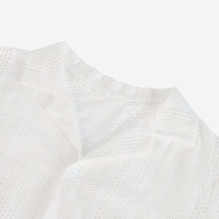 Atmungsaktives, gestreiftes Strickhemd für Herren mit kubanischem Kragen und Lochmuster - image 5