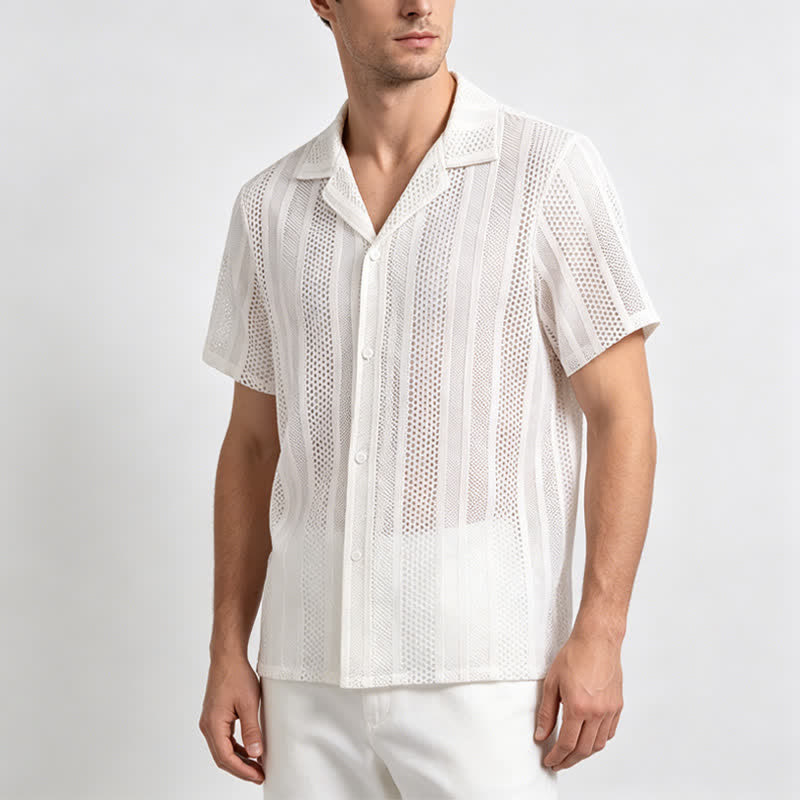 Atmungsaktives, gestreiftes Strickhemd für Herren mit kubanischem Kragen und Lochmuster - image 1