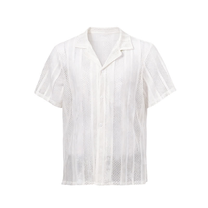 Atmungsaktives, gestreiftes Strickhemd für Herren mit kubanischem Kragen und Lochmuster - image 8