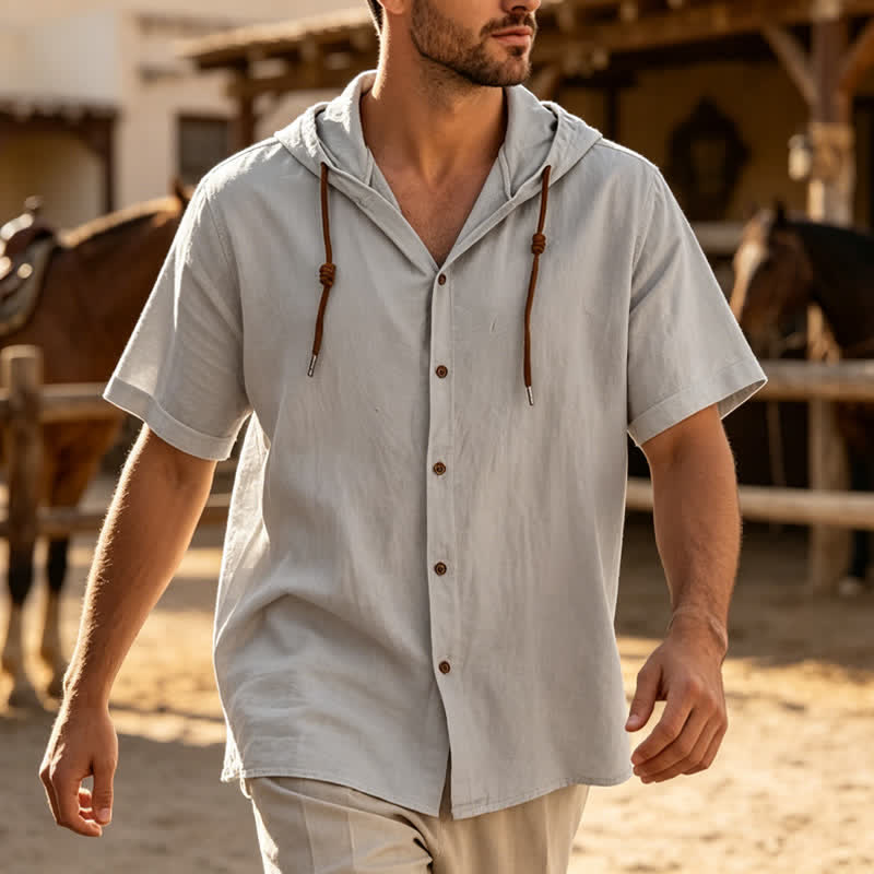 Lässiges, leichtes Herren-Leinenhemd mit Kapuze - Grau - 3XL - image 5
