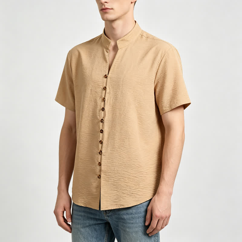 Herrenhemd mit Stehkragen, geknittertem Design, Leinenmischung - image 1
