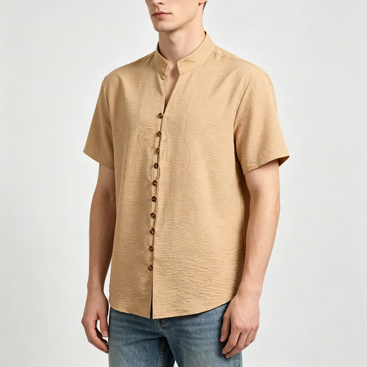 Herrenhemd mit Stehkragen, geknittertem Design, Leinenmischung - image 1