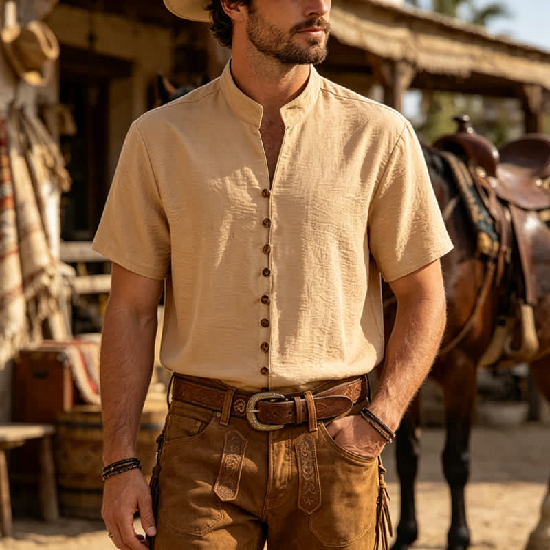 Herrenhemd mit Stehkragen, geknittertem Design, Leinenmischung - Khaki - 3XL - image 0