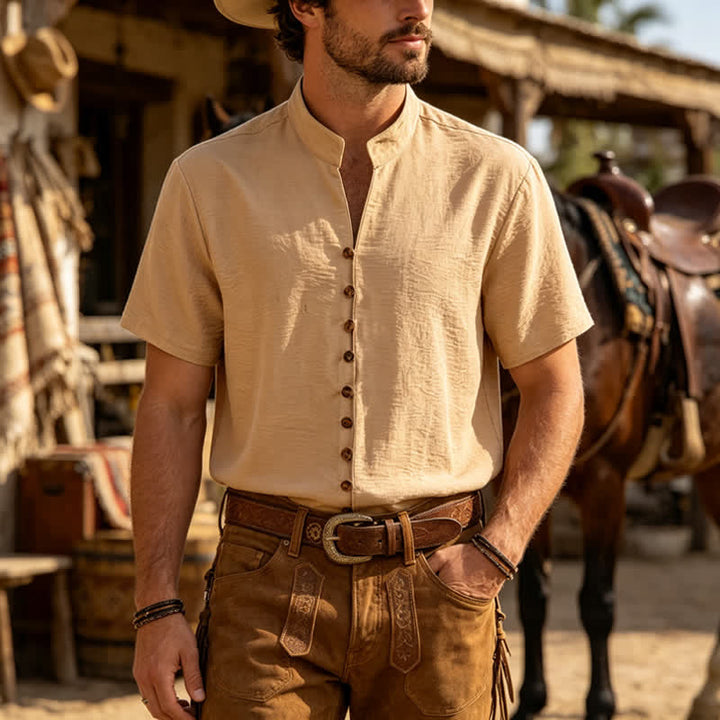 Herrenhemd mit Stehkragen, geknittertem Design, Leinenmischung - Khaki - 3XL - image 0