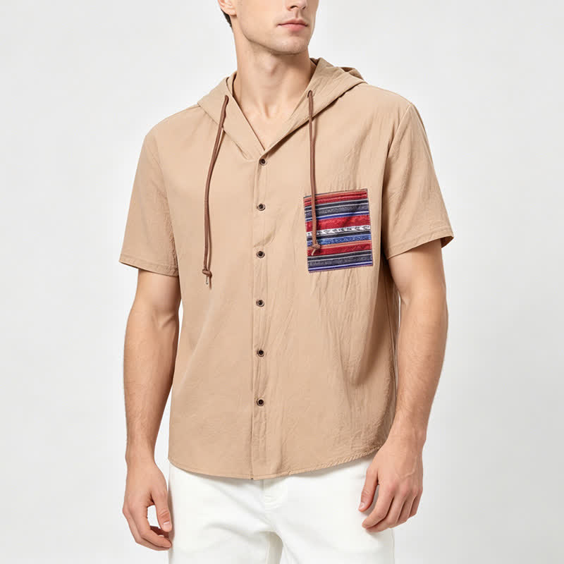 Herren-Leinenhemd mit Kapuze und ethnisch anmutenden Taschendetails - image 1