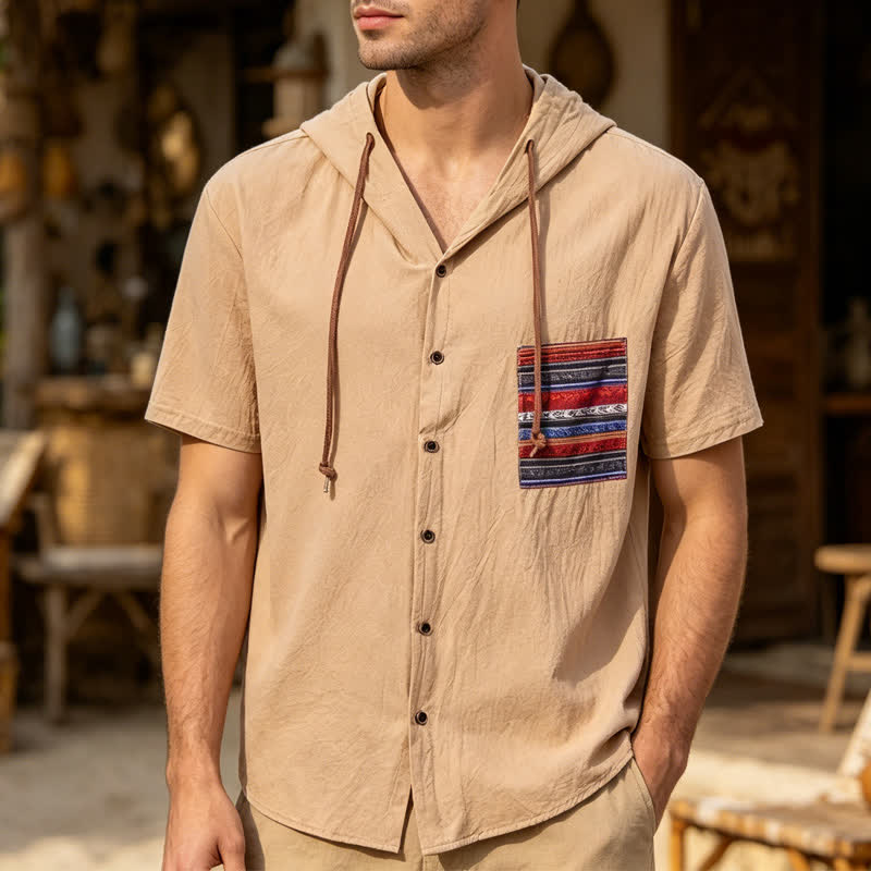 Herren-Leinenhemd mit Kapuze und ethnisch anmutenden Taschendetails - Khaki - 3XL - image 0
