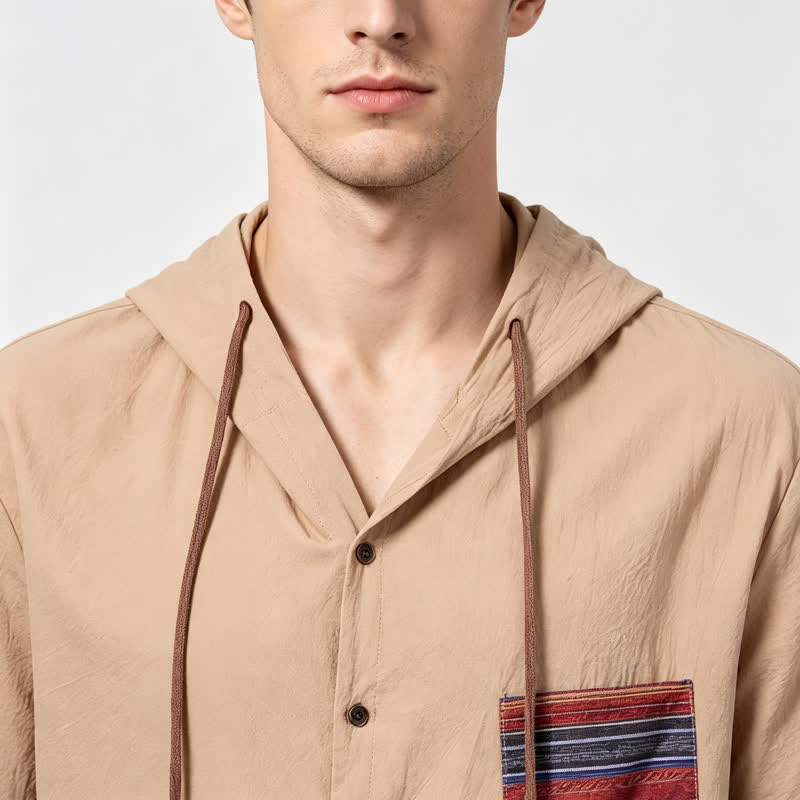 Herren-Leinenhemd mit Kapuze und ethnisch anmutenden Taschendetails - image 3