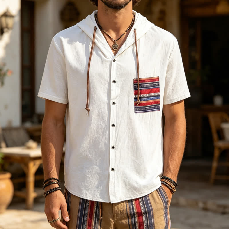Herren-Leinenhemd mit Kapuze und ethnisch anmutenden Taschendetails - Weiß - 3XL - image 5