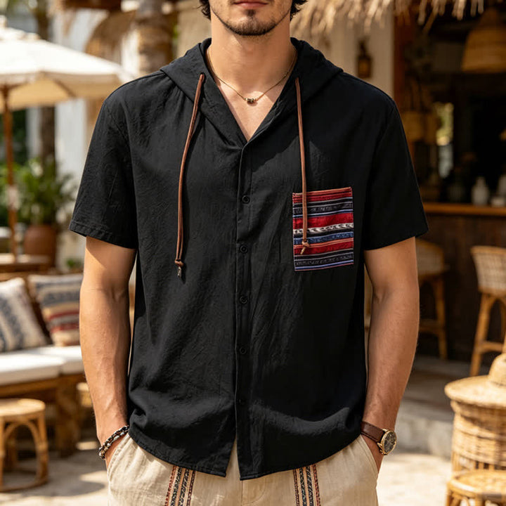 Herren-Leinenhemd mit Kapuze und ethnisch anmutenden Taschendetails - Schwarz - 3XL - image 4