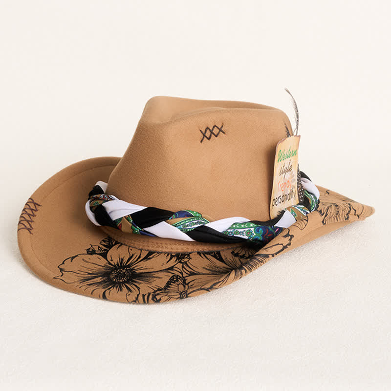 Western Cowboyhut mit Sonnenblumen-Federdekor und ethnischem Riemen - Khaki - M (22"-22 7/8") - image 0