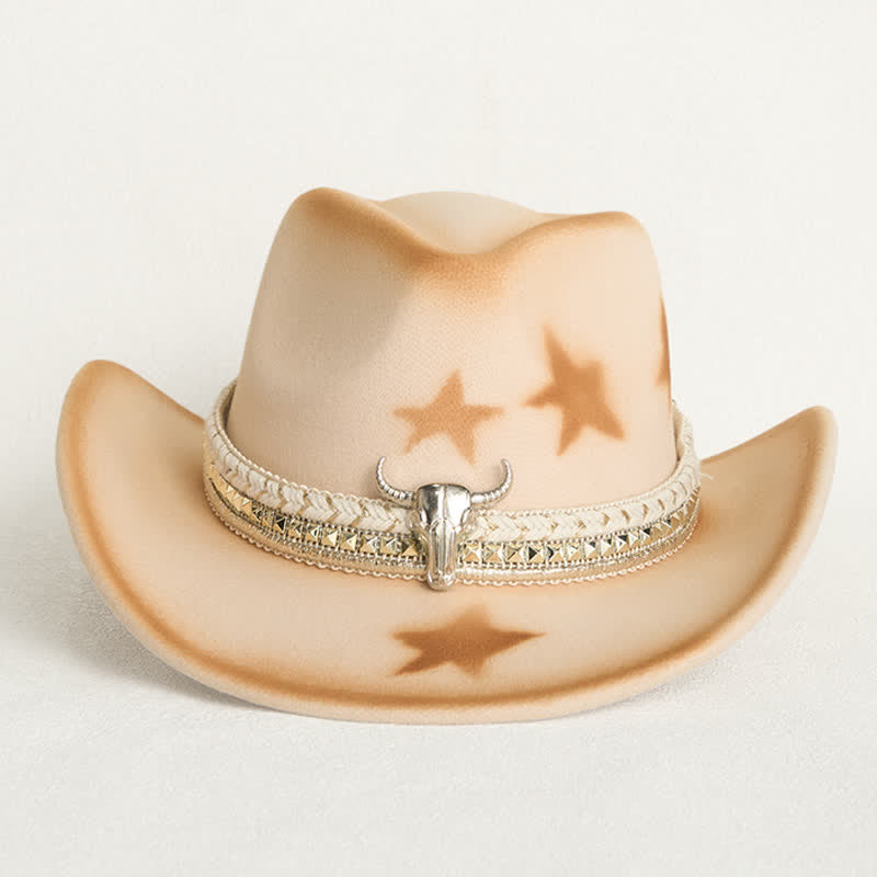 Herren-Cowboyhut mit silbernem Stierkopfgürtel und Sternen, beige - image 1