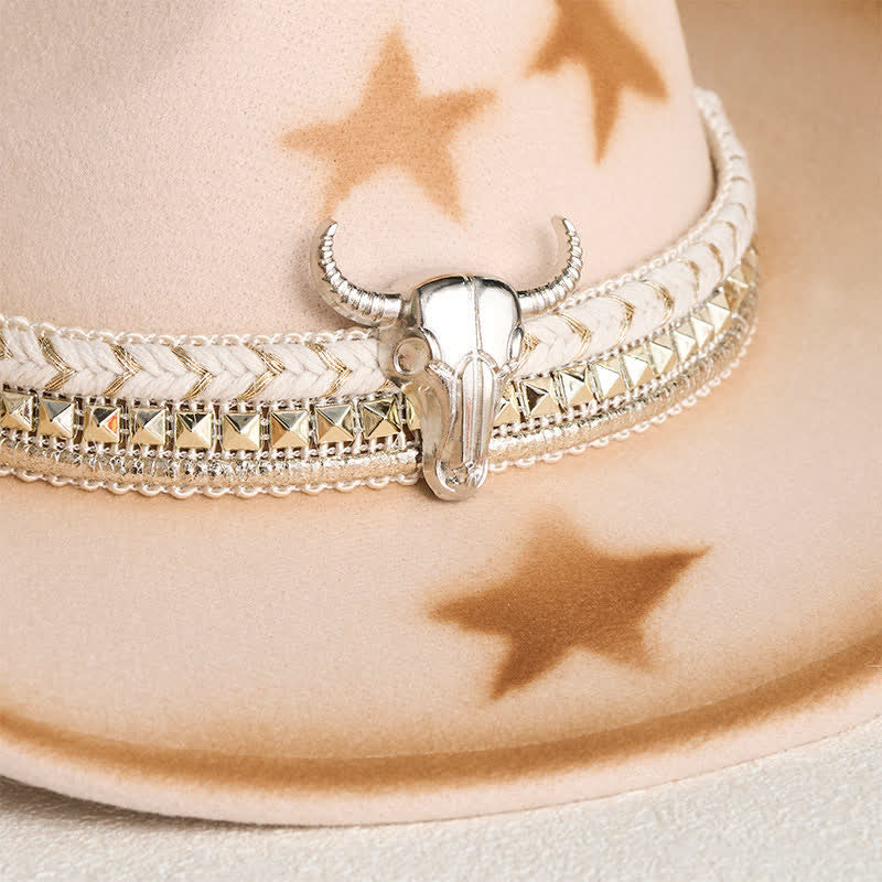 Herren-Cowboyhut mit silbernem Stierkopfgürtel und Sternen, beige - image 2