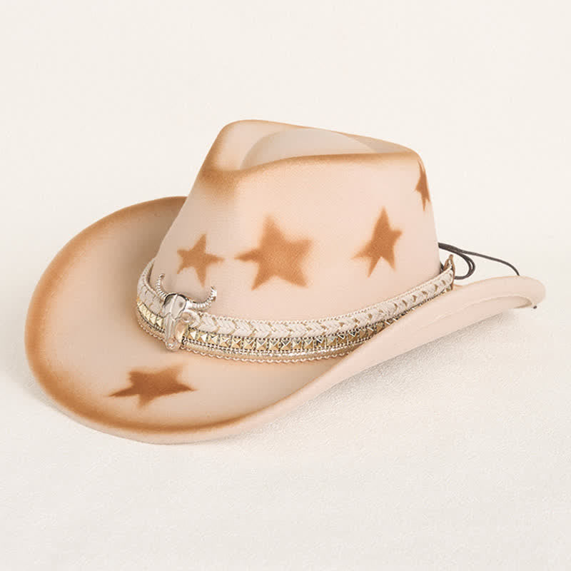 Herren-Cowboyhut mit silbernem Stierkopfgürtel und Sternen, beige - Beige - M (22"-22 7/8") - image 0