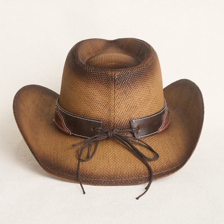 Vintage-Strohhut im Westernstil mit breiter Krempe, verziert mit einem Stierkopf. - image 5