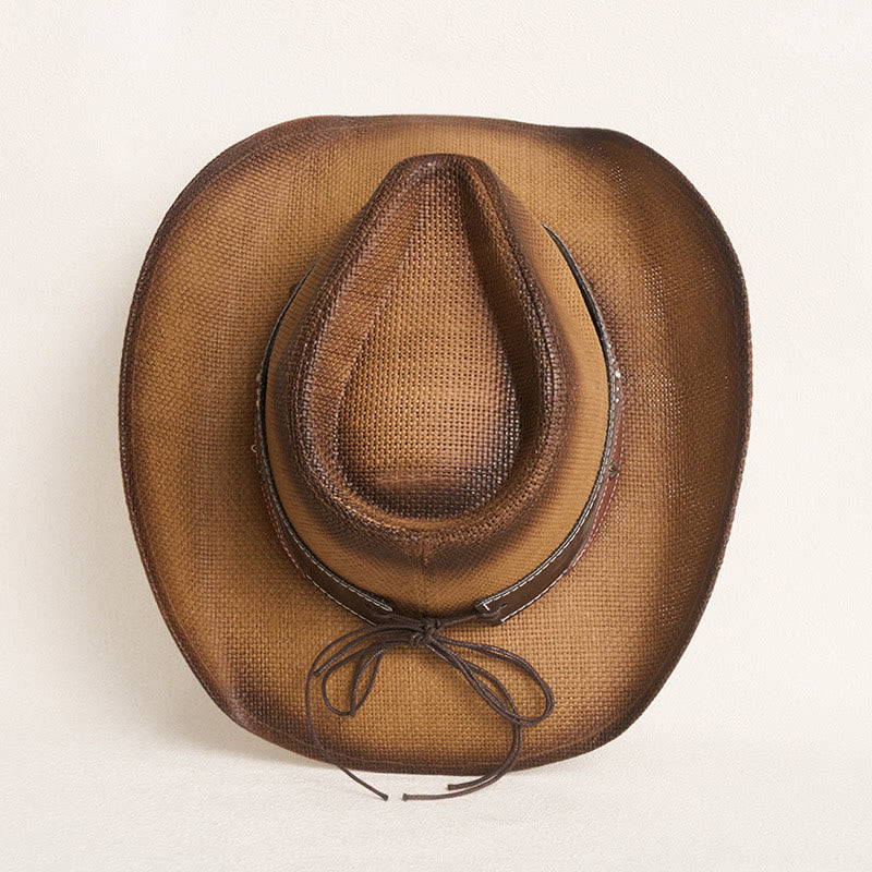 Vintage-Strohhut im Westernstil mit breiter Krempe, verziert mit einem Stierkopf. - image 6