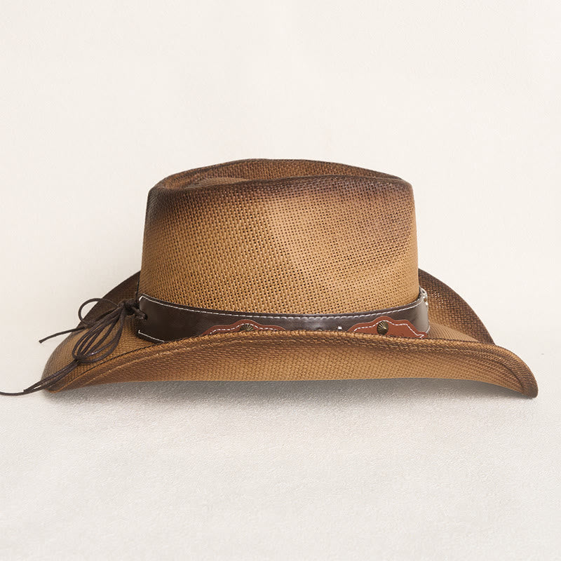 Vintage-Strohhut im Westernstil mit breiter Krempe, verziert mit einem Stierkopf. - image 4