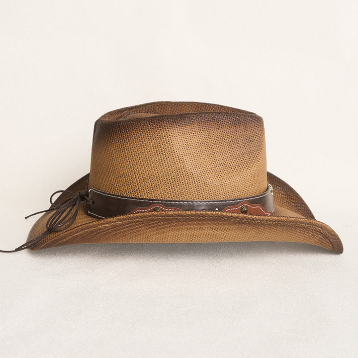 Vintage-Strohhut im Westernstil mit breiter Krempe, verziert mit einem Stierkopf. - image 4