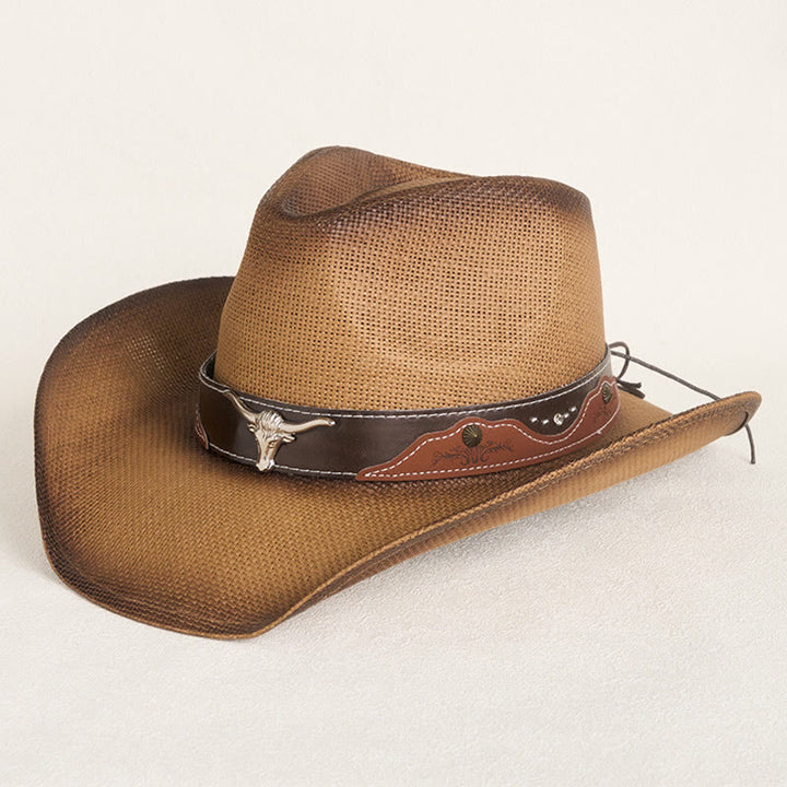 Vintage-Strohhut im Westernstil mit breiter Krempe, verziert mit einem Stierkopf. - Kaffee - M (22"-22 7/8") - image 0
