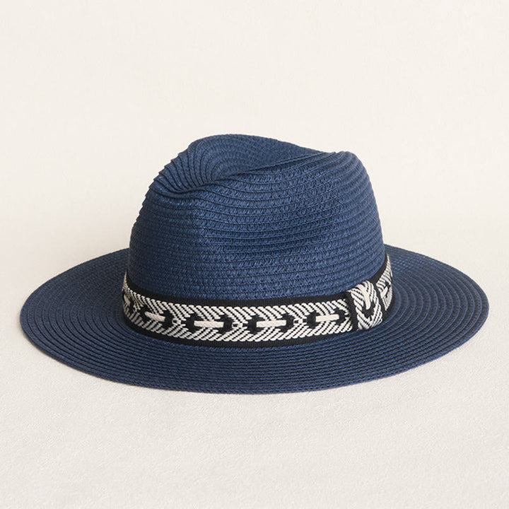 Damen-Strohhut mit flachem Oberteil und dekorativem Band, Sonnenhut - Marineblau - Verstellbar (ca. 22"-22 7/8") - image 0