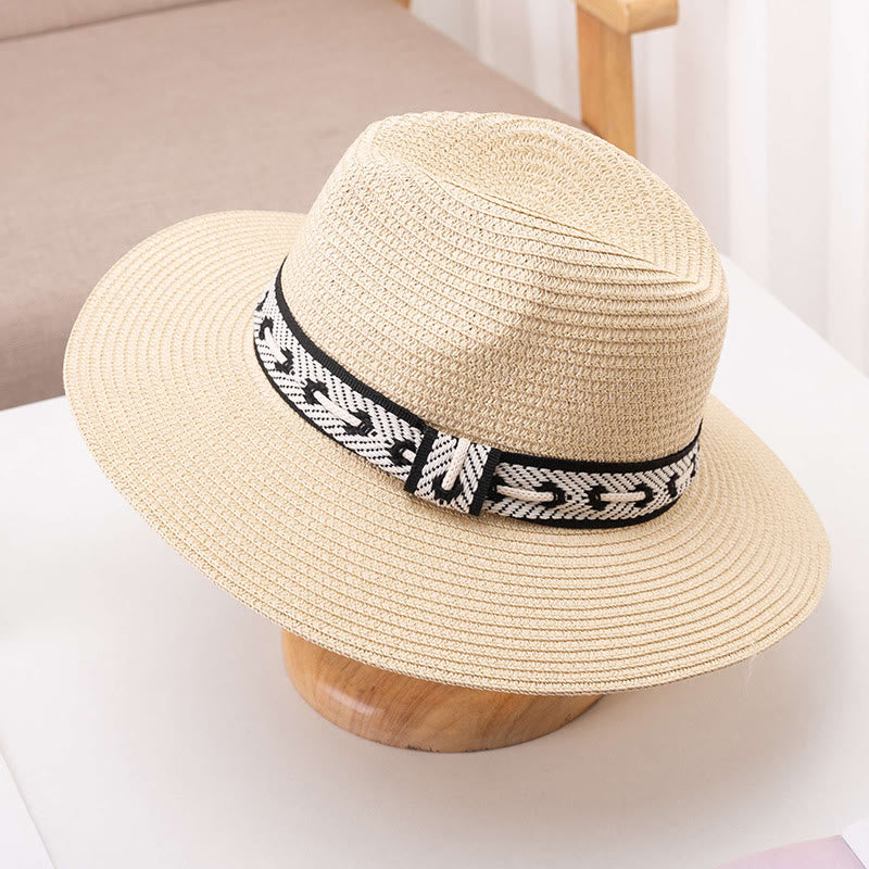 Damen-Strohhut mit flachem Oberteil und dekorativem Band, Sonnenhut - Beige - Verstellbar (ca. 22"-22 7/8") - image 8