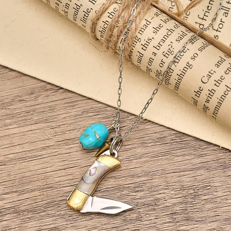 Tragbare Halskette aus Abalone, Türkis und Messing mit Taschenmesser-Anhänger - Bronze - image 0