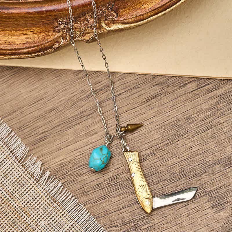 Einzigartige Taschenmesser-Halskette aus Messing und Türkis in Fischform - image 2