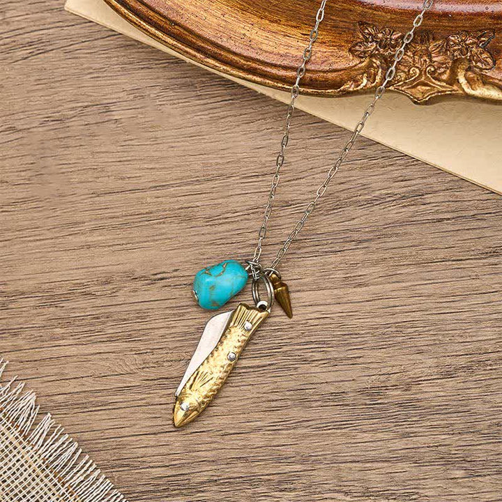 Einzigartige Taschenmesser-Halskette aus Messing und Türkis in Fischform - Bronze - image 0