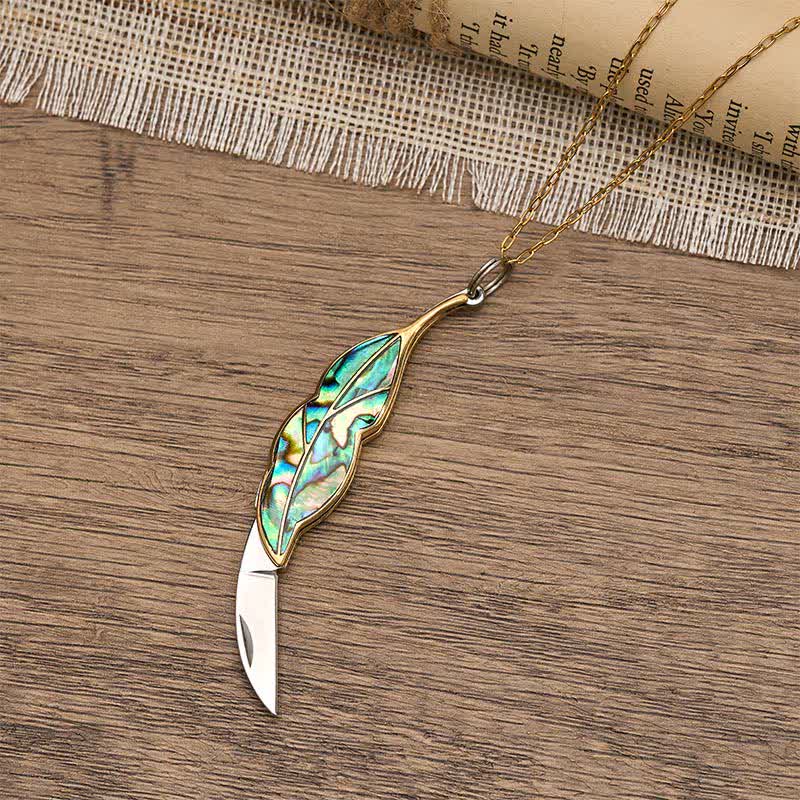 Halskette mit blattförmigem, funktionalem Taschenmesser aus Abalone - image 3