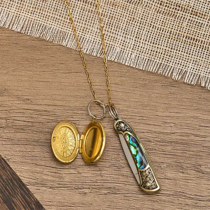 Trendige Halskette mit zwei Anhängern: Messer aus Abalone und Medaillon mit Foto. - image 3
