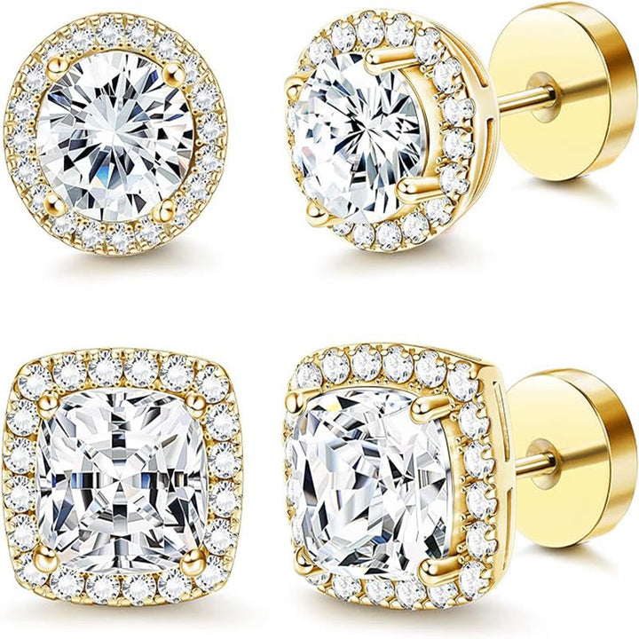 Geometrischer klassischer Ohrstecker mit Halo-Fassung und Vollpavé-Verzierung - Golden - image 2