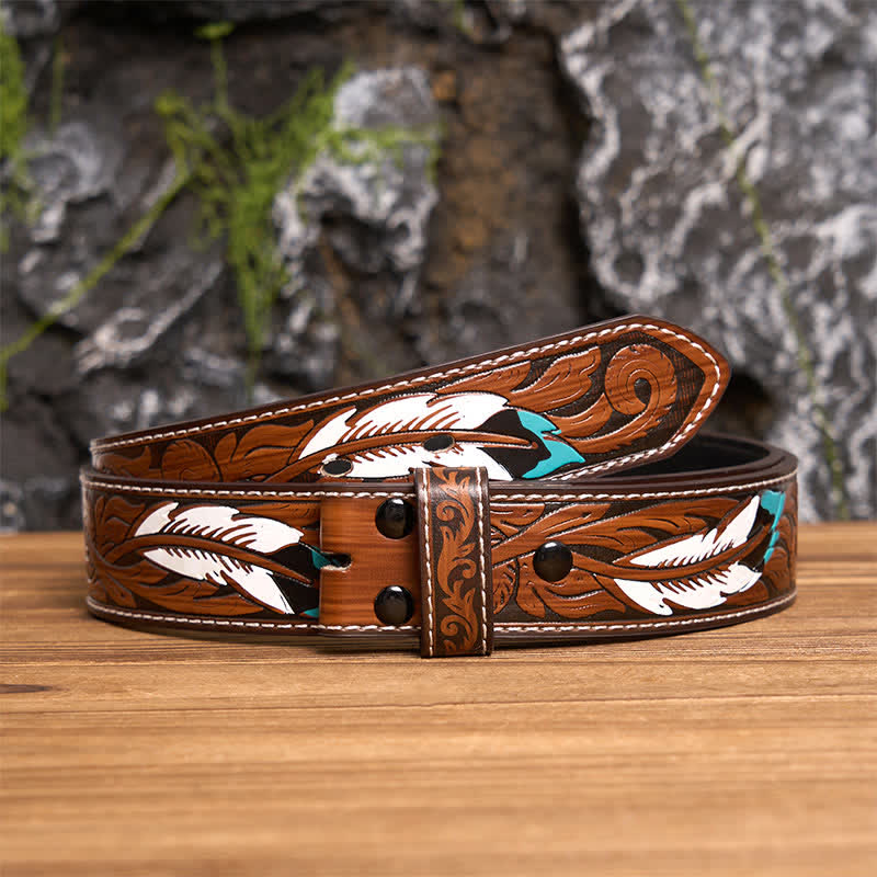Herren-Ledergürtel mit Texas Longhorn-Stern, ausgehöhlter DIY-Schnalle - Silber - Brauner Federgürtel - 40 - image 13