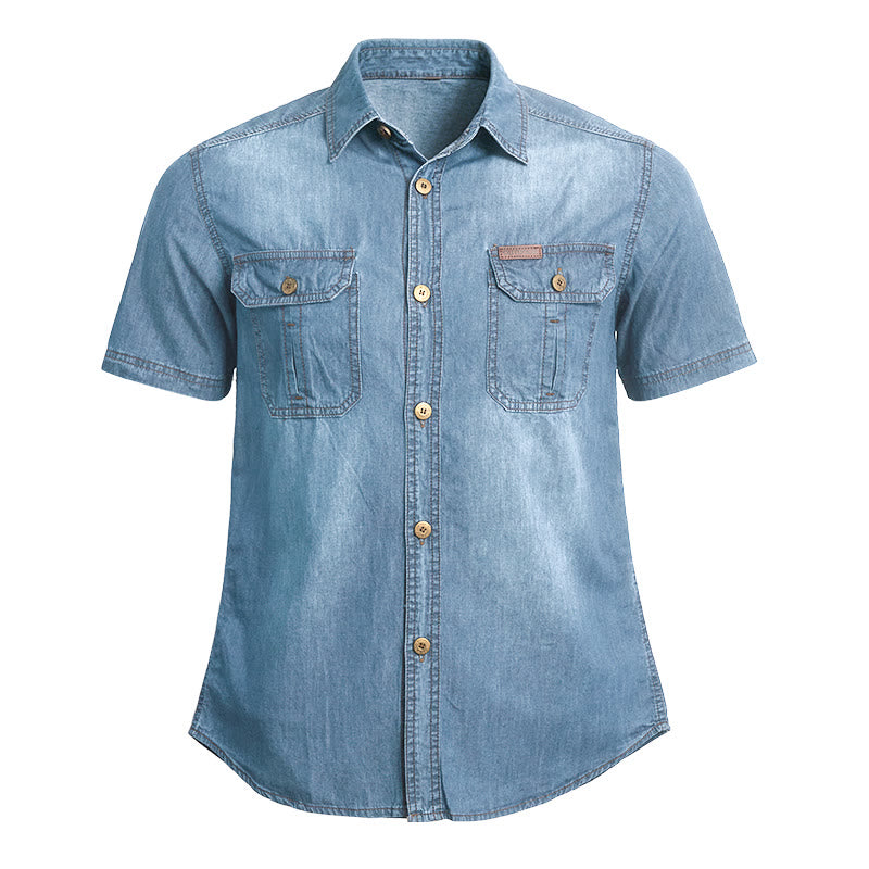 Lässiges Herren-Denimhemd im Vintage-Look mit kurzen Ärmeln - Hellblau - 5XL - image 2