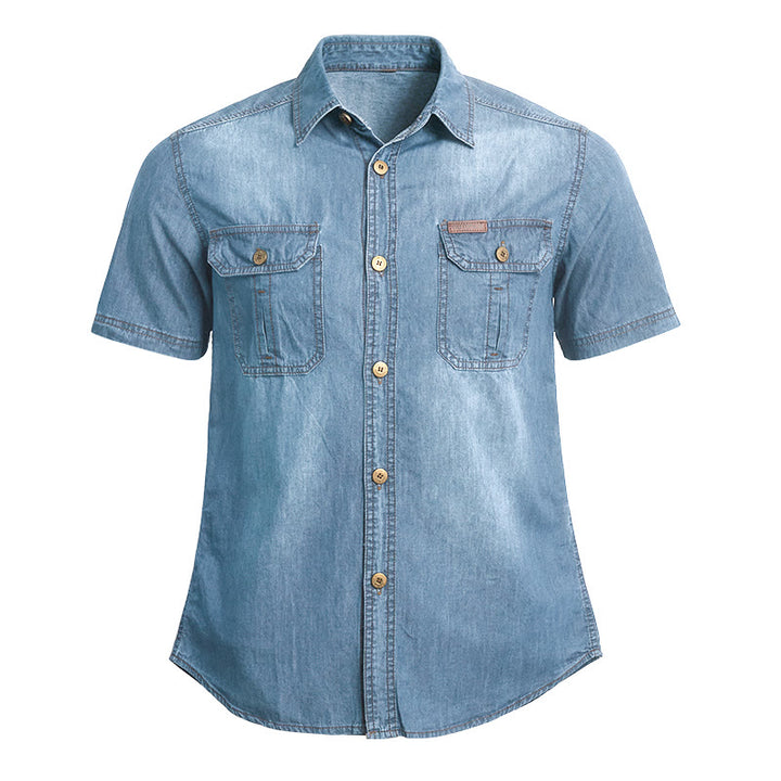 Lässiges Herren-Denimhemd im Vintage-Look mit kurzen Ärmeln - Hellblau - 5XL - image 2