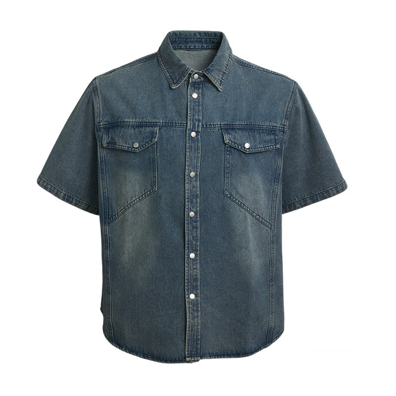 Vintage-Jeanshemd, kurzärmelig, Oversized, Arbeitskleidung - Blau - 2XL - image 0