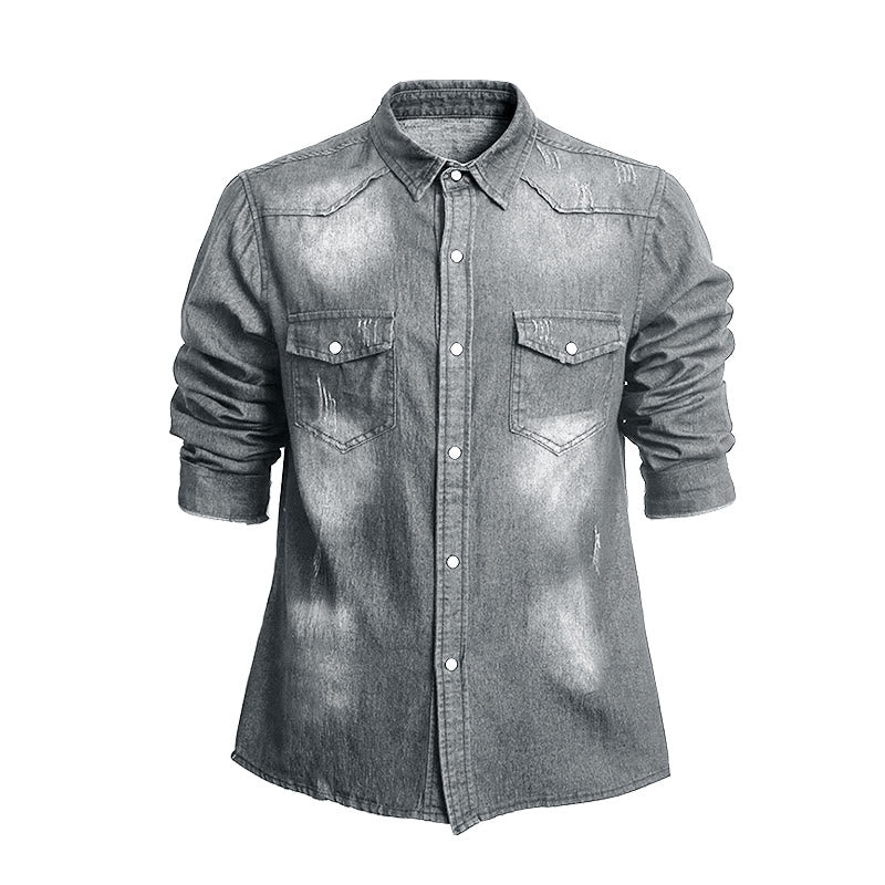 Herrenmode Slim Fit Langarm-Jeanshemd mit Knopfleiste - Hellgrau - 3XL - image 3