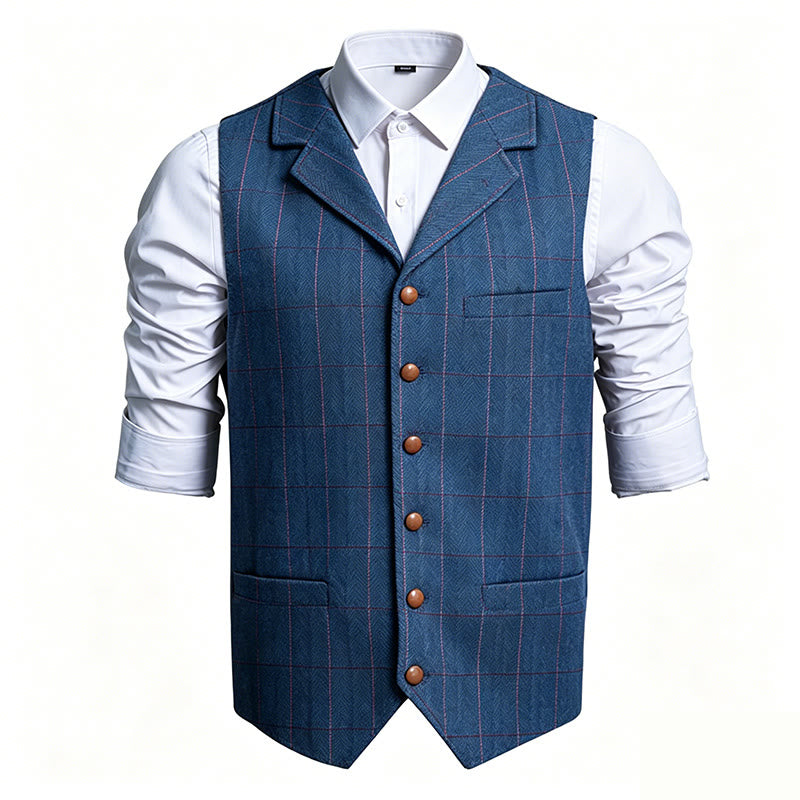 Herren-Anzugweste mit Reverskragen, kariert, einreihig - Blau - 3XL - image 1
