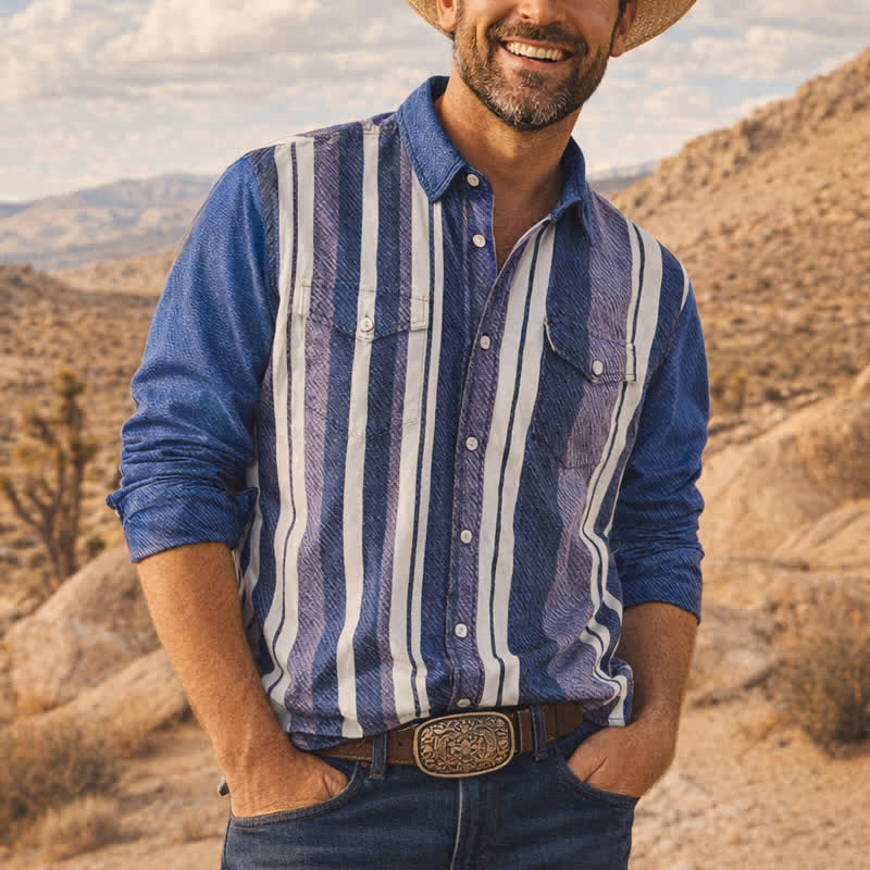 Herren-Langarmhemd im Retro-Cowboy-Stil mit blauen Streifen - Blau - 5XL - image 0