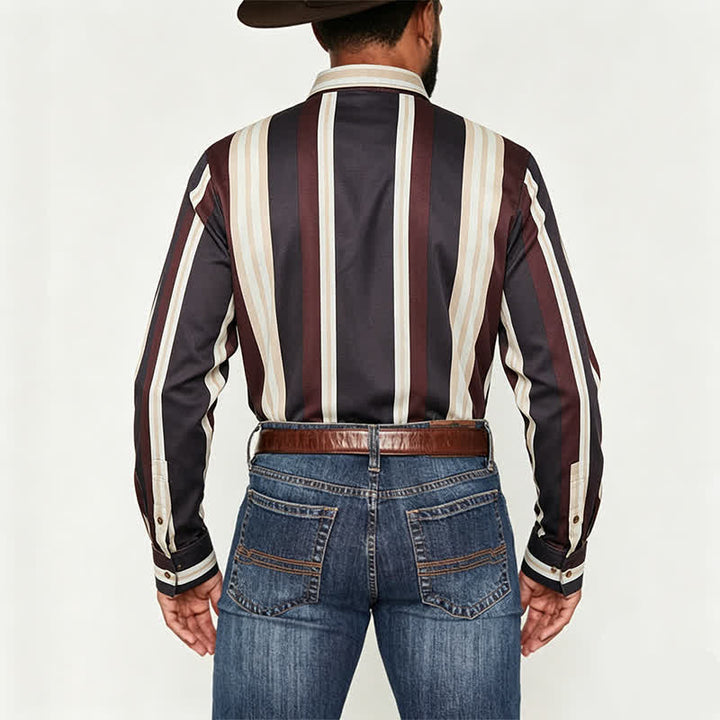 Herren-Langarmhemd im Western-Stil mit vertikalen Streifen in Burgunderrot und Grau - image 3