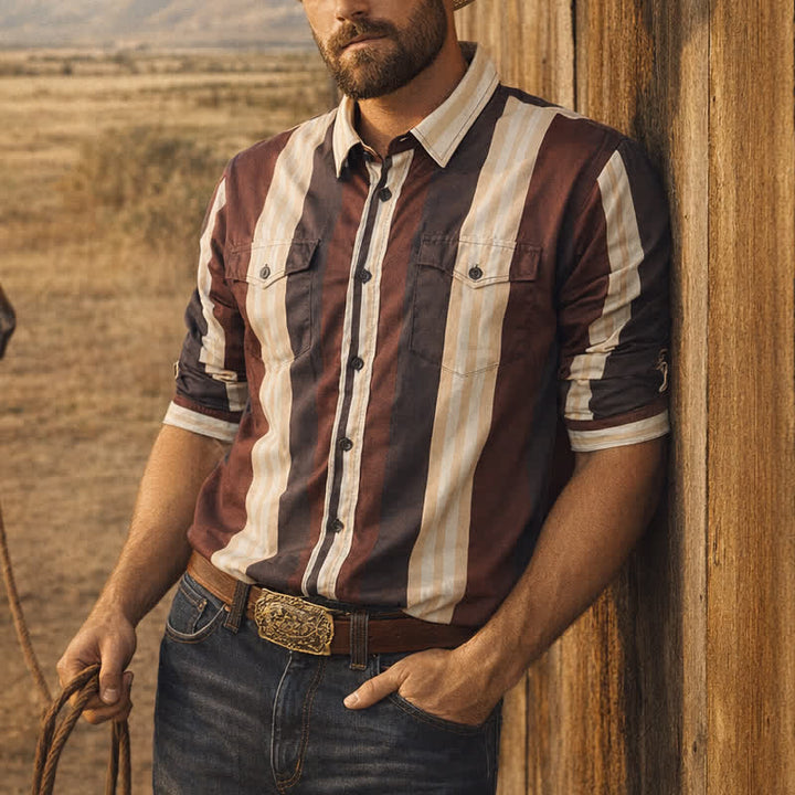 Herren-Langarmhemd im Western-Stil mit vertikalen Streifen in Burgunderrot und Grau - Burgunderrot & Grau - 5XL - image 0